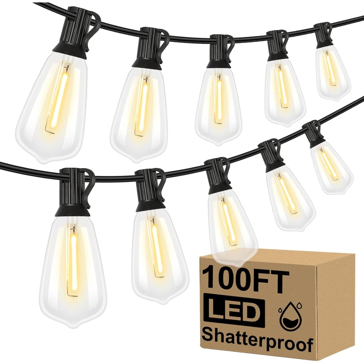 Brightever Outdoor String Lights, 100FT Shatterproof LED Patio Lights Waterproof, ST38 Backyard Lights with 50+2 Dimmable Edison Bulbs for Porch Garden Cafe Party, E12 Base, Black